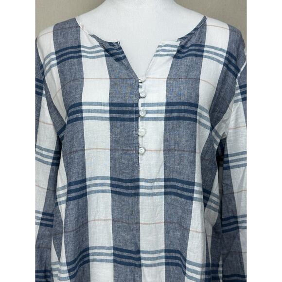 Liz Claiborne 3/4 Sleeve Tunic Blouse Top M Linen Cotton Blend Blue White Plaid - Picture 2 of 15